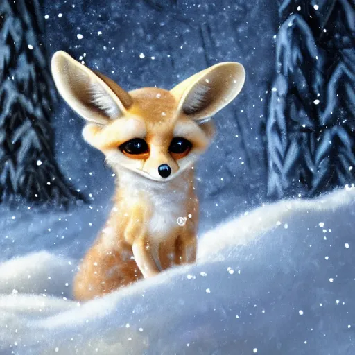 Image similar to Baroque painting of a cute fennec fox in a winter wonderland, artstation, exquisite detail