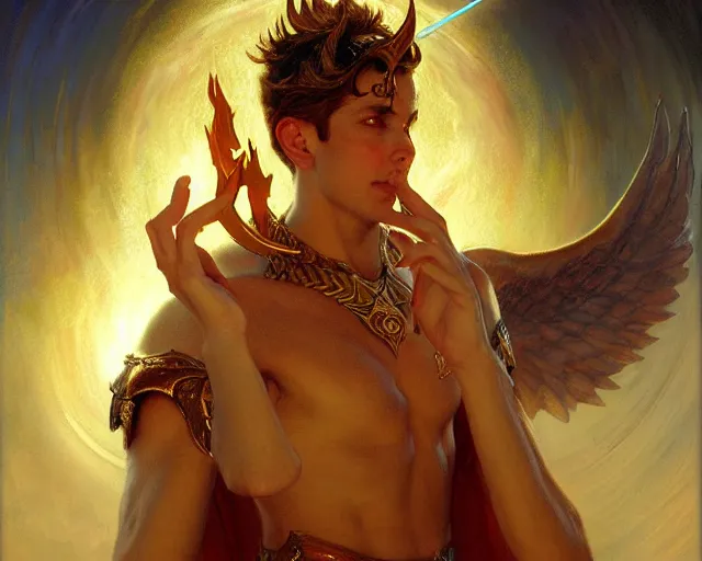 Image similar to attractive male deity, casting demonic magic, summoning handsome lucifer morning star. highly detailed painting by gaston bussiere, craig mullins, j. c. leyendecker 8 k