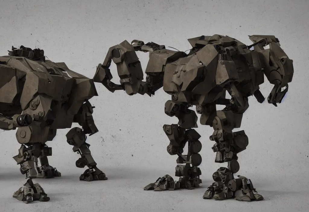 Image similar to military quadruped tiger shaped mech, with black carbon fibre muscular limbs, sinew, clean, simple, minimalist, side view, product design, modern, on an empty grimy concrete background, weta, cinematic, realistic, stylised, unreal engine, hyper realistic, octane render