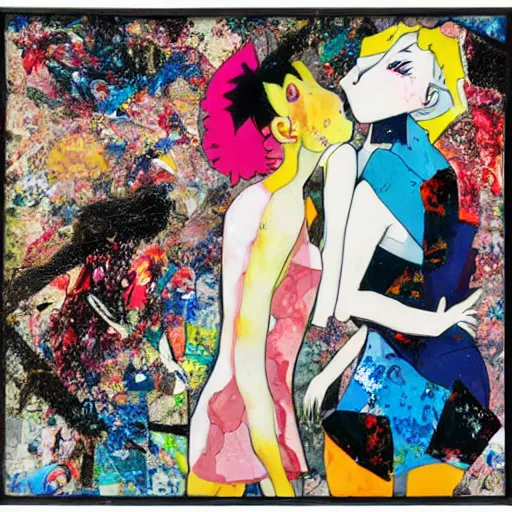 Prompt: two anime women kissing at a carnival, mixed media collage, retro, paper collage, magazine collage, acrylic paint splatters, bauhaus, abstract claymation, layered paper art, sapphic visual poetry expressing the utmost of desires by jackson pollock