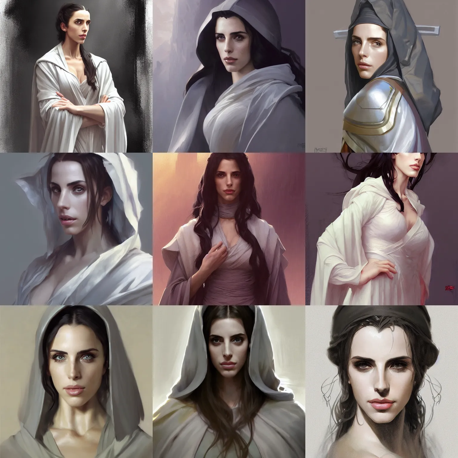 Prompt: character concept portrait, headon centralized, jessica lowndes as a dnd cleric in silver robes, style digital painting, concept art, smooth, sharp focus, illustration, from metal gear, by ruan jia and mandy jurgens and william - adolphe bouguereau, artgerm