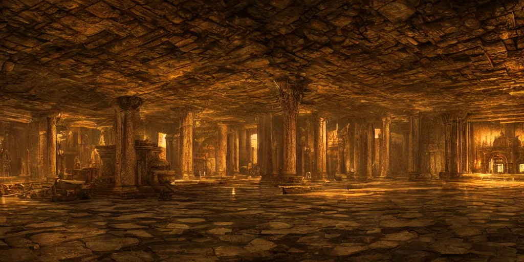 Image similar to a fantasy ruined dwarven hall interior in cave, huge columns, wet floors, high ceiling, dark moody lighting, foggy atmosphere, god rays, bright colors, matte painting by Dylan Cole and Denis Villeneuve, low angle view