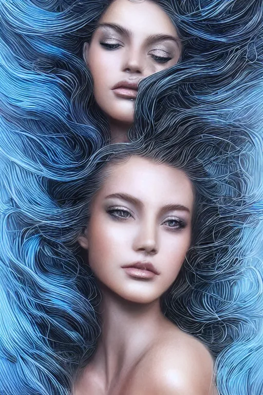 Prompt: one beautiful young woman's face, magical, windblown, intricate, synth-wave, retrowave, highly-detailed, elegant, dramatic lighting, gorgeous face, lifelike, photorealistic face, long luxurious intricate gown, digital painting, artstation, illustration, concept art, smooth, sharp focus, art by Craig Russel, Barry Smith, artgerm, and Albert Aublet and Krenz Cushart and Artem Demura and Alphonse Mucha