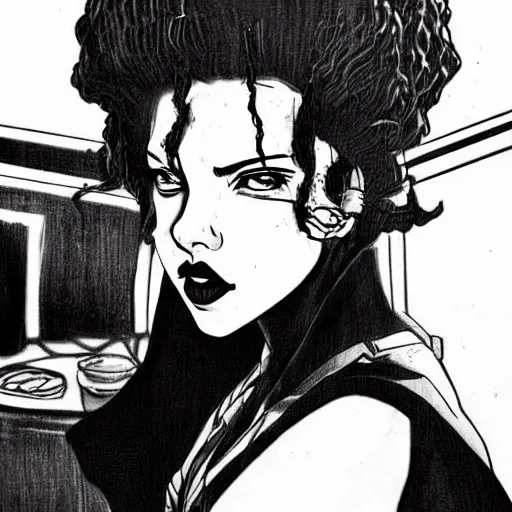 Image similar to scarlett johansson in afro samurai manga style, pencil and ink, in a bar fight