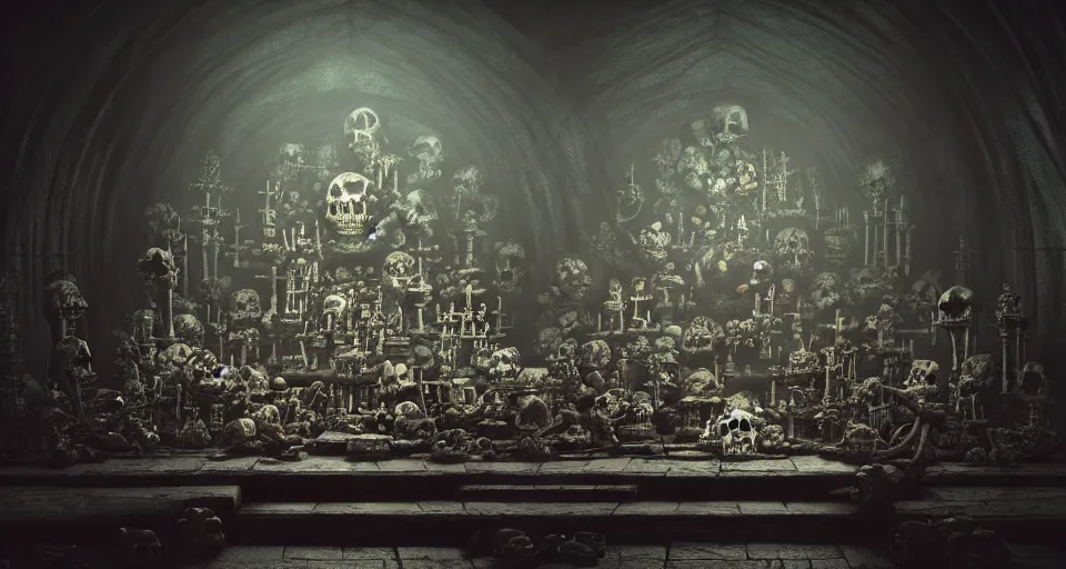 Image similar to full color, low ultrawide interior shot of sedlec ossuary, bones, anime style mixed with fujifilm, dark, foggy, atmospheric, artstation, cgsociety, octane render, cgi, denoise, detailed, cinematic masterpiece