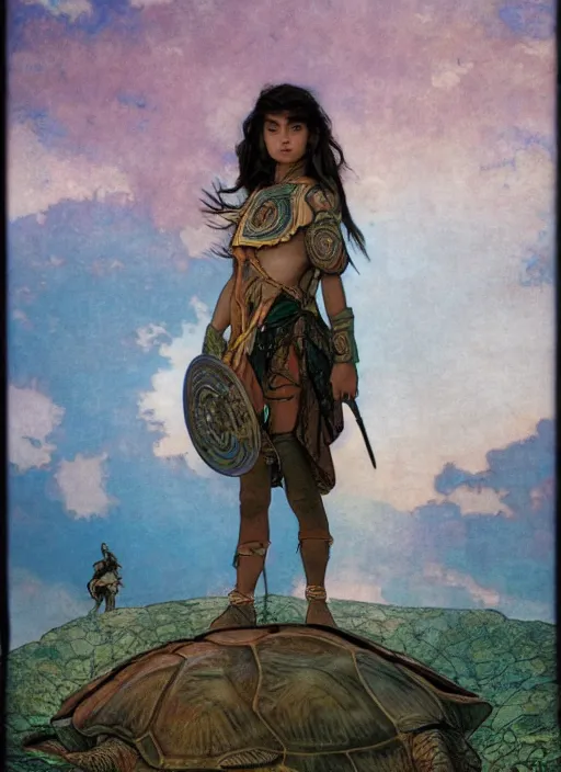 Prompt: a little warrior girl standing on top of one giant turtle walking in the desert. the girl has dark skin and beautiful green eyes, realistic full body and a very beautiful detailed symmetrical face with long black hair. diffuse light, dramatic sky and landscape, long shot fantasy illustration by mucha