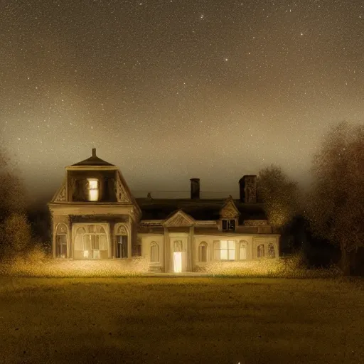 Image similar to an abandoned mansion on a hill at night with stars, by lee madgwick and bastien lecouffe