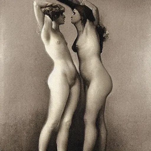 Image similar to Two beautiful women in love, vertical symmetry, photograph, vintage shading, elegance, visually coherent, by Ilya Repin
