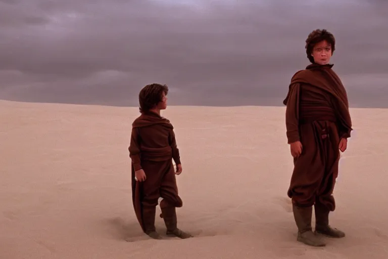 Prompt: a cinematic wide angle shot of a boy in the movie dune, stormy weather, dry, film still, cinematic, movie still, dramatic lighting, by zack snyder