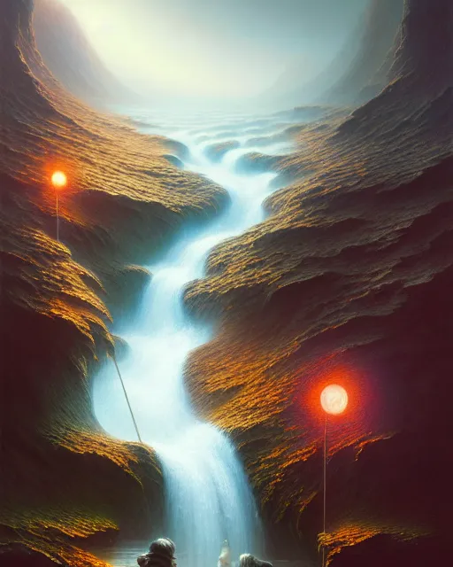 Image similar to a hyper - detailed 3 d render like an oil painting of the aperture of attention viewing the stream of thought, surrealism!!!!! concept art, lifelike, photorealistic, digital painting, smooth, sharp focus, artstation hd, by greg rutkowski, bruce pennington, valentina remenar, rhads, asher duran,