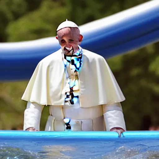 Image similar to the pope on a water slide, professional photography