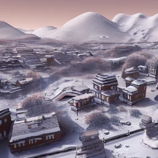 Prompt: a snowy village on mars, 8 k, highly detailed, unreal engine render