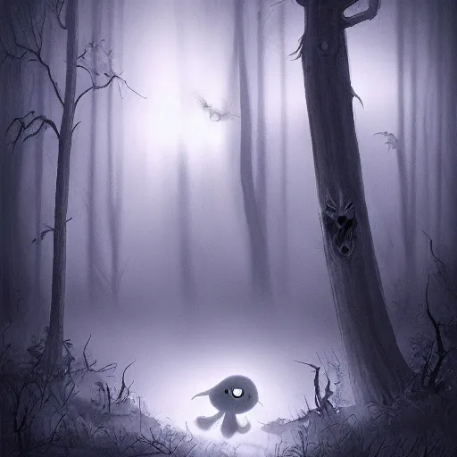 Image similar to a macabre ghost chatting with a kid in the middle of a dark forest, trending on artstation, realistic, obscure, dramatic scene