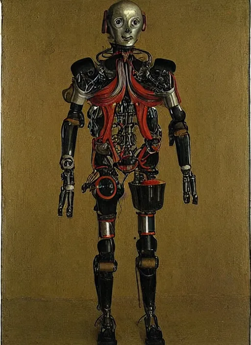 Image similar to cybernetic exoskeleton cyborg farmer by Jan van Eyck