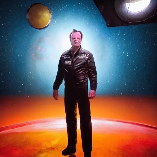 Image similar to hyperrealistic film still of quentin tarantino in space, stunning 3 d render, inspired by istvan sandorfi & greg rutkowski & unreal engine, perfect symmetry, dim volumetric cinematic lighting, 8 k octane comprehensive render, extremely hyper - detailed, incredibly lifelike attributes, intricate, real flesh texture, masterpiece, artstation, stunning,