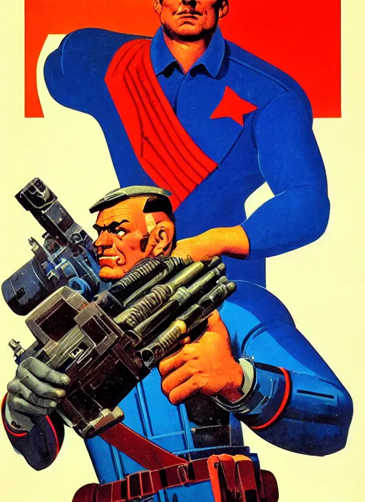 Prompt: soviet propaganda poster. cyberpunk heavy weapons guy. portrait by jean giraud and anton otto fischer and john philip falter and will eisner and gil elvgren