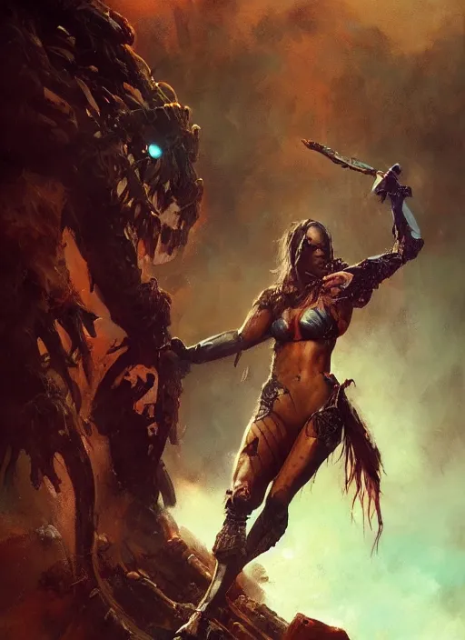 Prompt: hyper realistic photography of prehistoric barbarian cyborg android girl, full body, rule of thirds, conceptart, saturated colors, pretty body, cinematic, vallejo, frazetta, greg rutkowski, royo, rowena morrill, juan gimenez