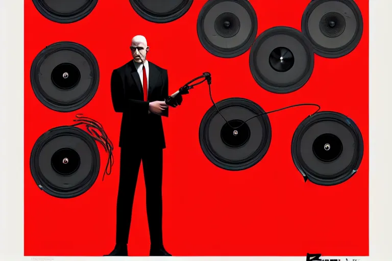 Image similar to an expressive portrait of agent 4 7 from hitman wearing headphones standing in front of a wall of vinyl records, speakers and cables, dark background, red rim light, digital art, artstation, concept art by giger stalenhag