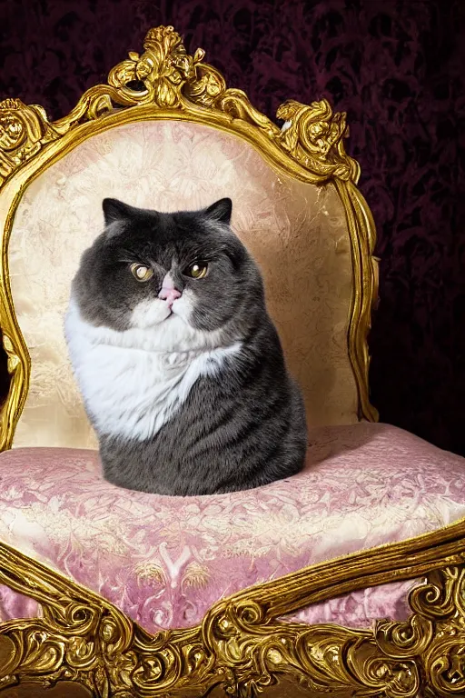 Prompt: a magnificent wet plate photo portrait of a fluffy fat royal cat on an embroidered velvet cushion on a neo - rococo gilded little bed, by david lachapelle, photorealistic, photography, wide shot