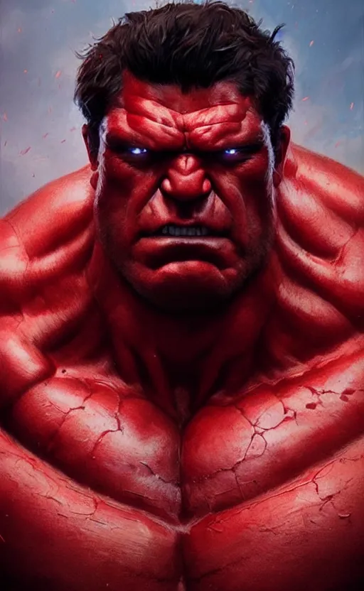 Prompt: Portrait of a Red Hulk, male, detailed face, fantasy, highly detailed, cinematic lighting, digital art painting by greg rutkowski
