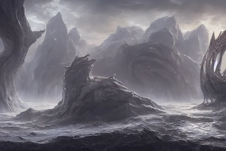 Image similar to Scylla and Charybdis, by Jessica Rossier and HR Giger cinematic concept painting