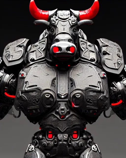 Prompt: a full body shot of an imposing cyborg bull modeled after a bull looking into the camera, contrast lighting, black skin!!!, intricate pattern, hard rubber chest, highly detailed, android, cyborg, red horns, full body shot, intricate, 3 d, symmetrical, octane render, fantasy, highly detailed, digital art, artstation, strong bokeh