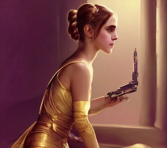 Image similar to photography of a sensual emma watson dressed like princess leia in a gold slave girl costume, deep focus, intricate, elegant, highly detailed, digital painting, artstation, concept art, matte, sharp focus, illustration, art by artgerm and greg rutkowski and alphonse mucha and gil elvgren