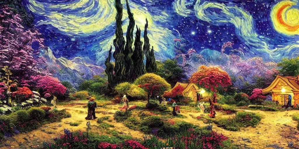 Prompt: a beautiful alien landscape with incredible flora, high realistic high detailed painting by Thomas Kinkade and Van Gogh