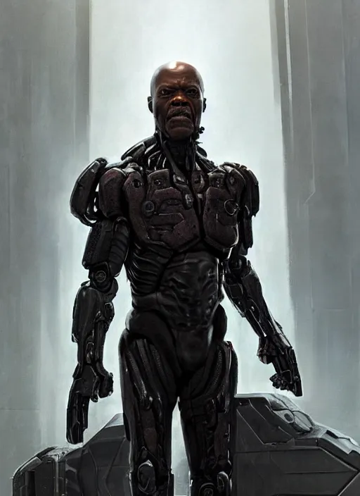 Prompt: samuel l. jackson as victor stone, full body concept, cyborg, borg, strogg, face of a man, terminator, flesh, quake strogg, doom demon, wolfenstein, monstrous, powerful, symmetry, symmetrical, concept art by ruan jia and greg rutkowski