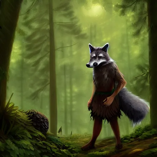 Image similar to a woodland druid in a forest with a wolf bird and racoon, photorealistic, in the style of greg rutkowski, digital painting