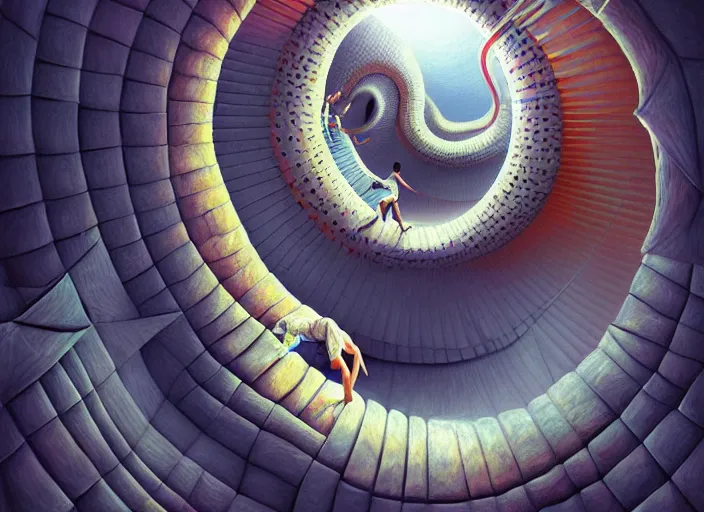 Prompt: a hyper - detailed 3 d render of climbing the upward spiral, surrealism!!!!! surreal concept art, lifelike, photorealistic, digital painting, aesthetic, smooth, sharp focus, artstation hd, by valentina remenar, maximalism, art germ,