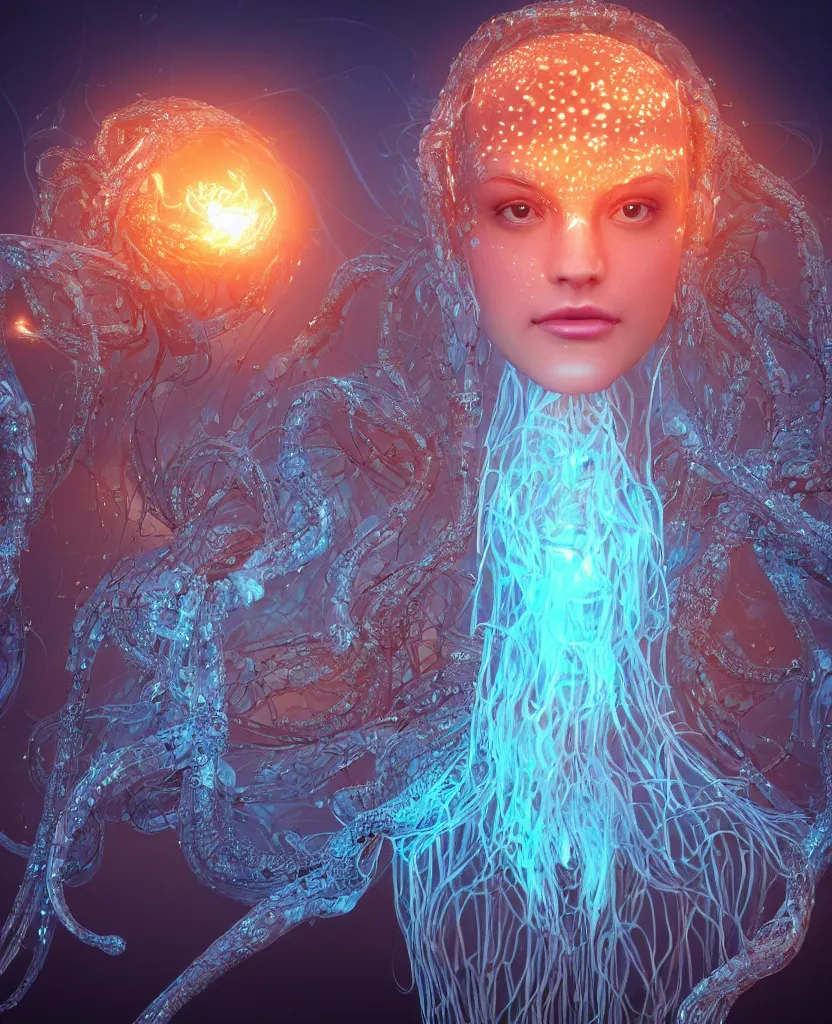 Image similar to close-up macro portrait of the face of a beautiful princess, epic angle and pose, symmetrical artwork, 3d with depth of field, blurred background, cybernetic jellyfish female face skull phoenix bird, translucent, nautilus, energy flows of water and fire. a highly detailed epic cinematic concept art CG render. made in Maya, Blender and Photoshop, octane render, excellent composition, cinematic dystopian brutalist atmosphere, dynamic dramatic cinematic lighting, aesthetic, very inspirational, arthouse. y Greg Rutkowski, Ilya Kuvshinov, WLOP, Stanley Artgerm Lau, Ruan Jia and Fenghua Zhong