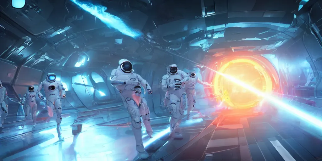 Image similar to futuristic spacemen firing lasers in zero gravity, skintight suits, floating, bright white light, hiding behind obstacles, surrounded by a laser grid, unreal engine, lensflares, low perspective