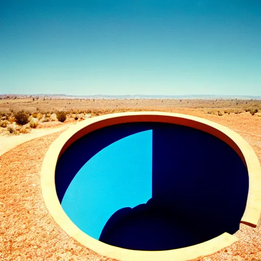 Prompt: a photo taken from inside circular Non-Euclidean clay building sitting in the desert, vintage photo, beautiful cinematography, blue sky, film grain, symmetrical, James Turrell