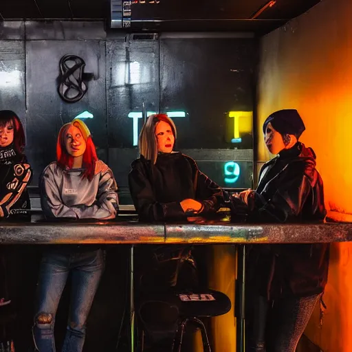 Prompt: photograph of a retro techwear coed group loitering near the bar of a packed busy rundown nightclub, retrofuturism, brutalism, cyberpunk, sigma 85mm f/1.4, 35mm, 4k, depth of field, high resolution, 4k, 8k, hd, highly detailed, tilted frame, long exposure, full color