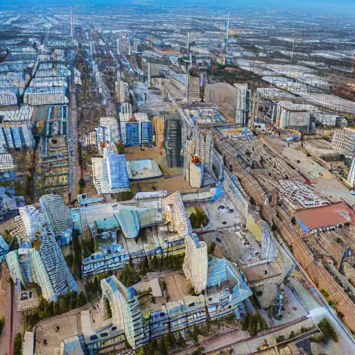 Image similar to Aerial photo of a Minsk city after apocalypse, ultra detailed, High resolution, 4k, nuclear war, alien invasion