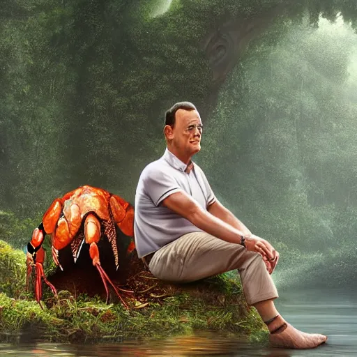 Prompt: Tom Hanks as forrest gump sitting on a giant shrimp in the jungle, realistic digital painting, in the style of Raphael Lacoste, photoreailstic, realistic face, amazing detail, sharp