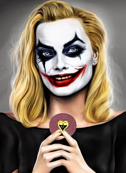 Image similar to tattoo design of beautiful margot robbie slightly smiling with joker makeup on the mouth and holding ace card, in the style of den yakovlev, realistic face, black and white, realism tattoo, hyper realistic, highly detailed