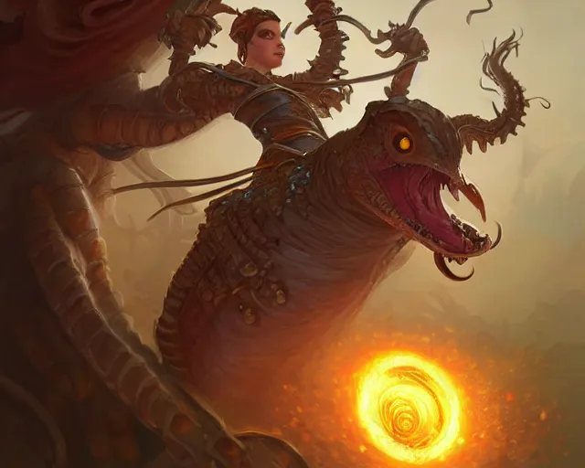 Prompt: a worm defending itself from a british robin, deep focus, d & d, fantasy, intricate, elegant, highly detailed, digital painting, artstation, concept art, matte, sharp focus, illustration, hearthstone, art by artgerm and greg rutkowski and alphonse mucha