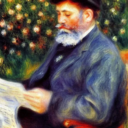Prompt: Pierre-Auguste Renoir - Painting of Claude Monet while reading a newspaper and smoking pipe