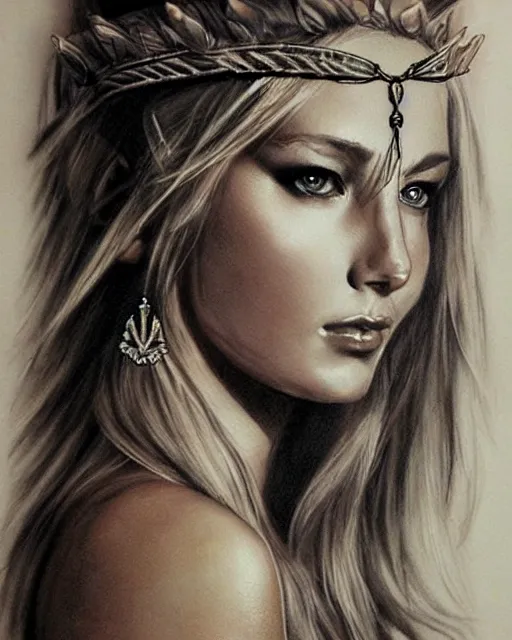 Prompt: realism tattoo sketch of jennifer hawkins as a beautiful greek goddess aphrodite with piercing eyes wearing a laurel wreath and triangle earrings, in the style of greg rutkowski, amazing detail