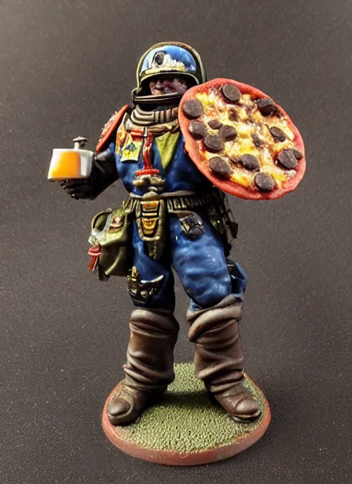 Prompt: 8 0 mm resin detailed miniature of a warhammer 4 0 k space marine pizza delivery man, product introduction photos, 4 k, full body,