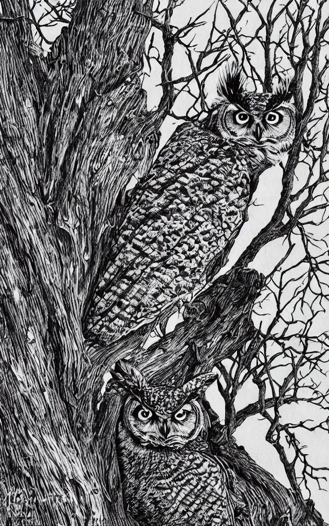 Prompt: hyperrealist nature photograph of a great horned owl in a tree, high contrast wood engraving, kentaro miura manga style, shocking detail trending on artstation 8 k