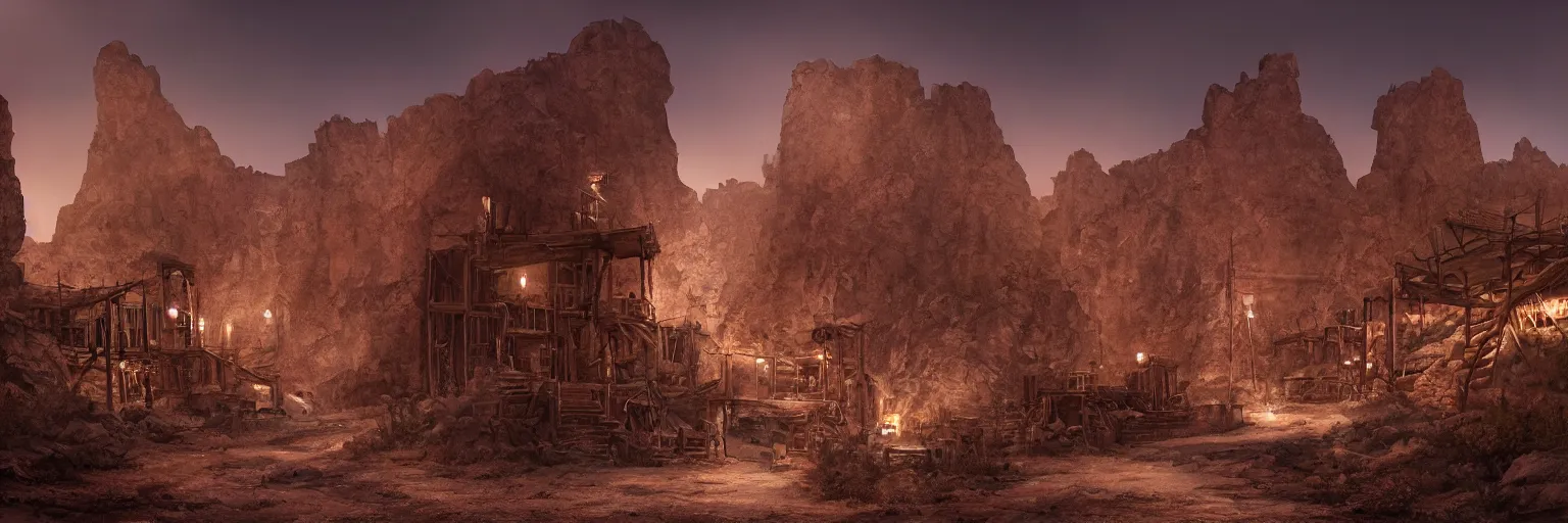 Prompt: an old mine entrances lit by toches in an ancient old wild West town, arizona desert, Dynamic lighting, cinematic, establishing shot, extremely high detail, photo realistic, cinematic lighting, , post processed denoised, concept design, concept art, artstation, matte painting, midjourney, style by alex ross, raphael lacoste, eddie mendoza