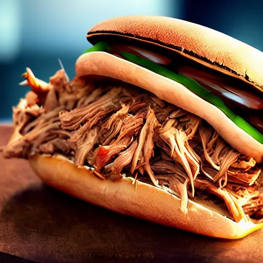 Image similar to a raging pulled pork sandwich with eyes and shark teeth biting a human hand, close-up, highly detailed, hyper-realistic, unreal engine