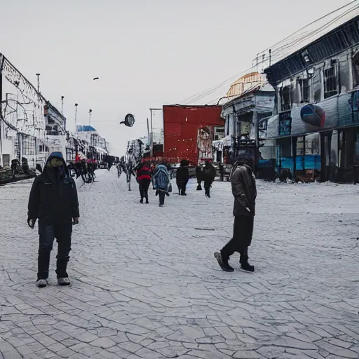 Image similar to moonwalker photo, lunar soil, people on the city street, a detailed photo of a future norilsk base, moon landscape, streetphoto