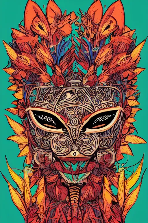 Image similar to animal mask totem roots flower tribal feather gemstone plant wood rock shaman vodoo video game vector cutout illustration vivid multicolor borderlands comics by josan gonzales and dan mumford radiating a glowing aura