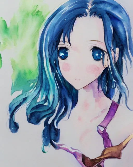 Image similar to a sheep girl, watercolor anime painting, full shot, perfect shading