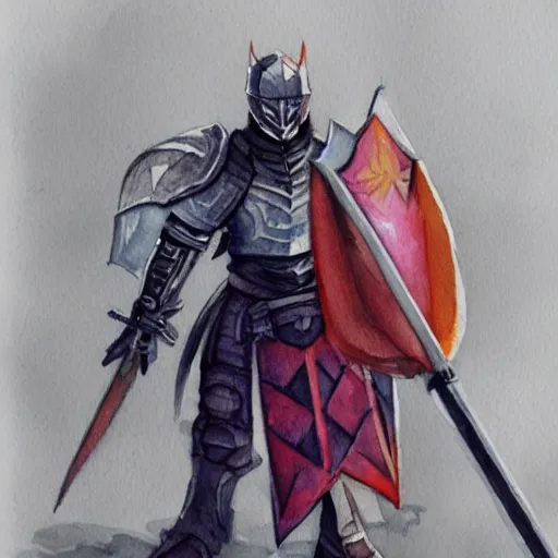 Prompt: watercolor, final fantasy tactics character design, knight wearing plate armor, knight wearing helmet, character portrait, evil, dark, moody, highly stylized, bisexual lighting