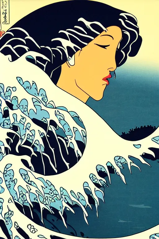 Image similar to Patrick Nagel Poster Illustration of The Great Wave off Kanagawa, sunset in the background